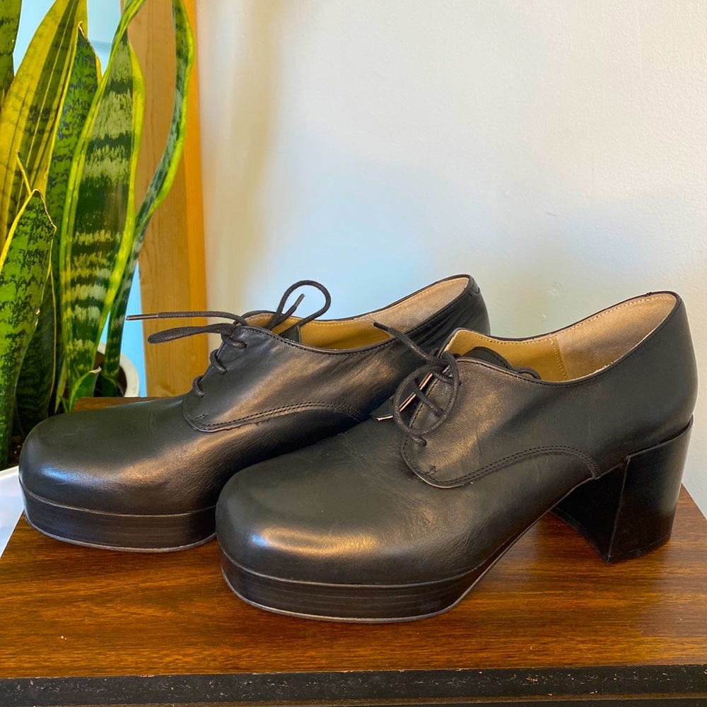 Black Leather Lace Up Platform Women Size 8